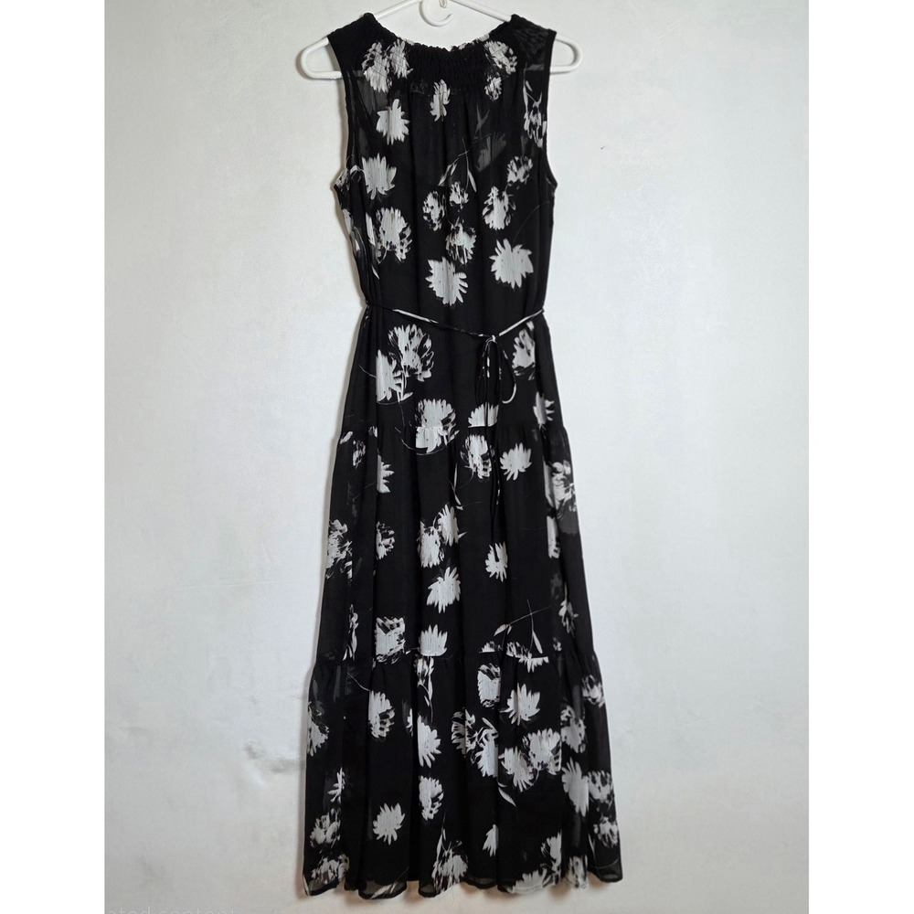 Simply Vera Wang Floral Maxi Dress Small Black White Tiered Sheer Smocked Luxury
